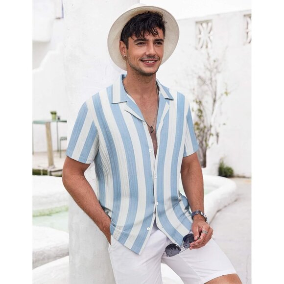 Men's Blue Thick Stripe Casual Short Sleeve Button Down Textured Beach Shirts - Picture 3 of 6